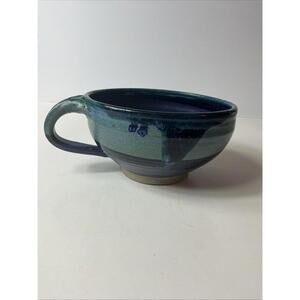 Blue Ceramic Soup Cereal Bowl Handmade Pottery W/ Handle